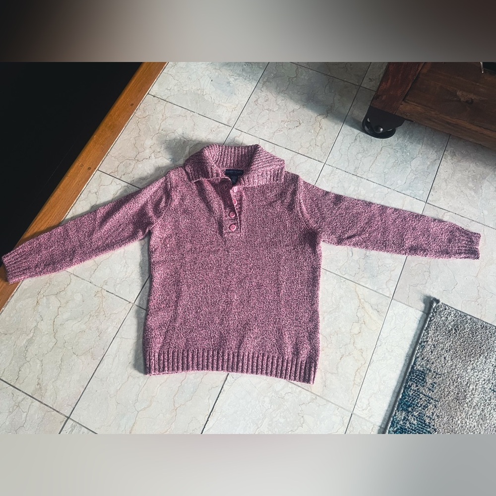 Karen Scott Petite Small Pink Black Button Front Sweater Fold Collar Knit